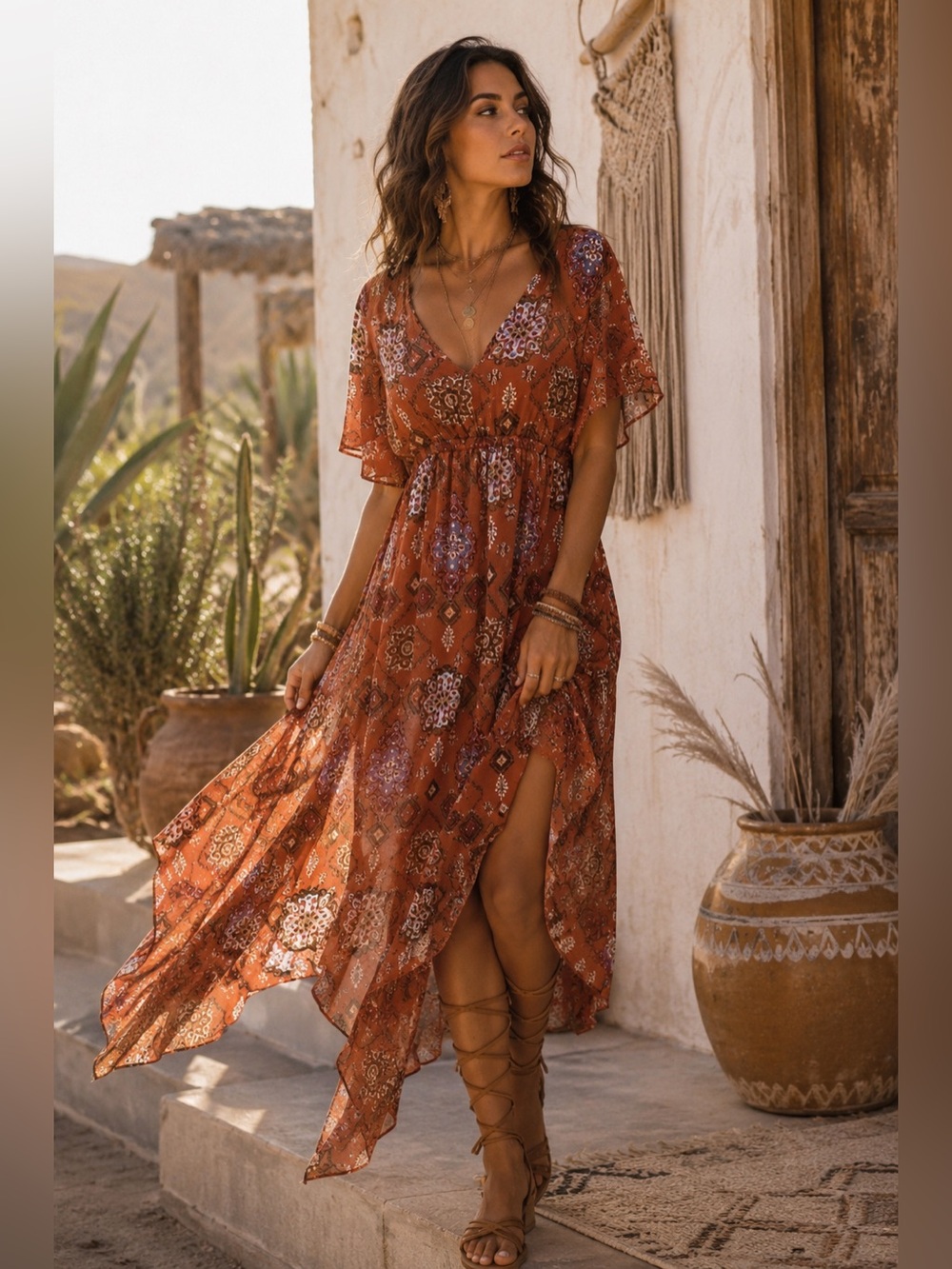 Maurice’s Medallion Midi Womens Size Small Rust Orange Bohemian Chiffon Dress